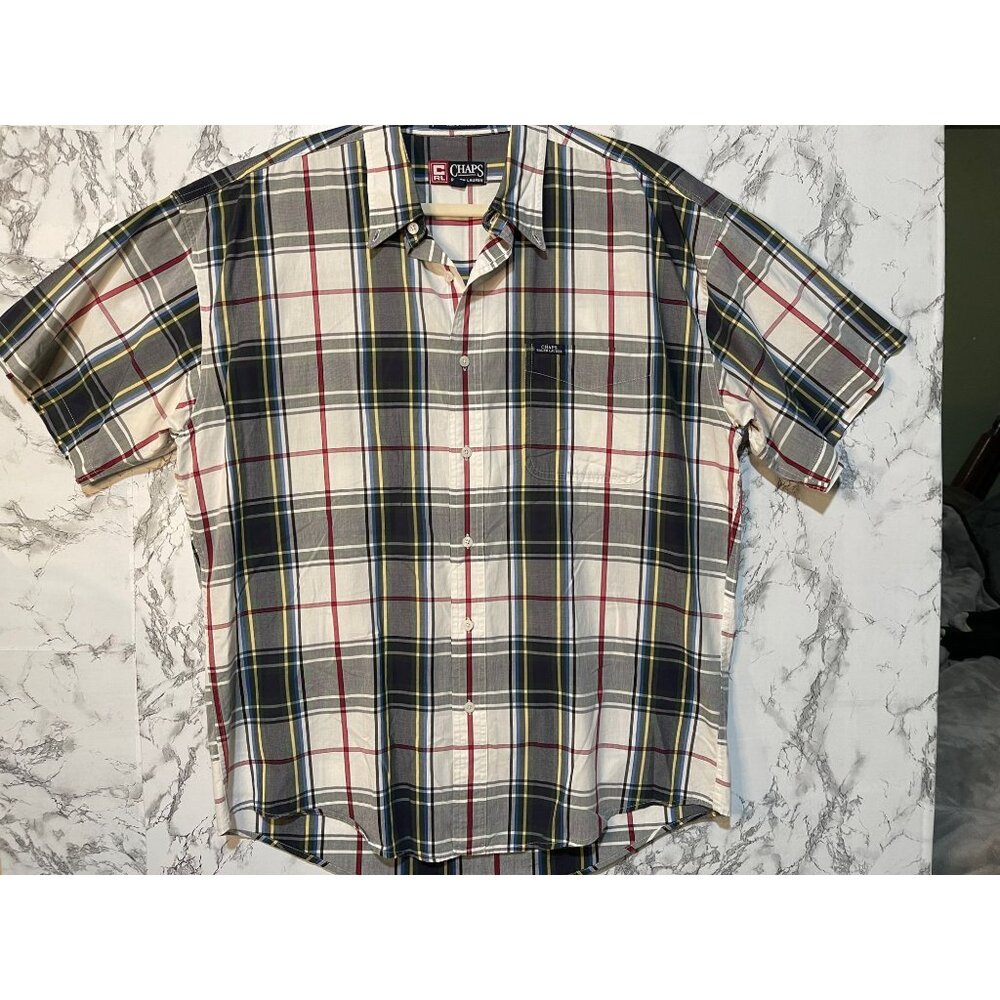 Chaps Ralph Lauren Men's Plaid Short Sleeve Shirt L 100% Cotton Blue